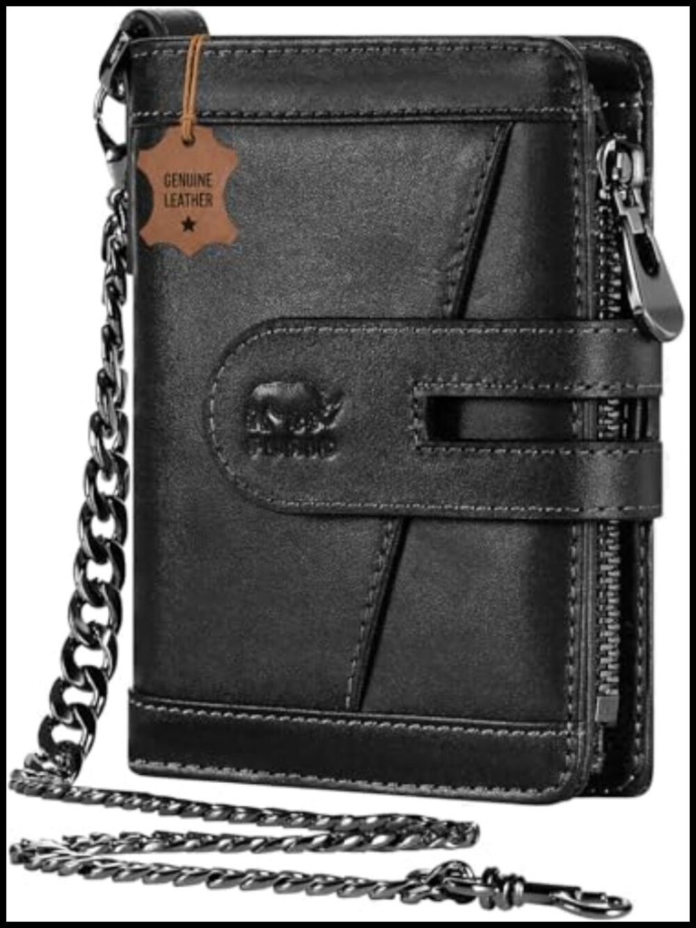 Genuine Leather RFID Blocking Chain Wallet 15 Slots Bifold Anti Theft